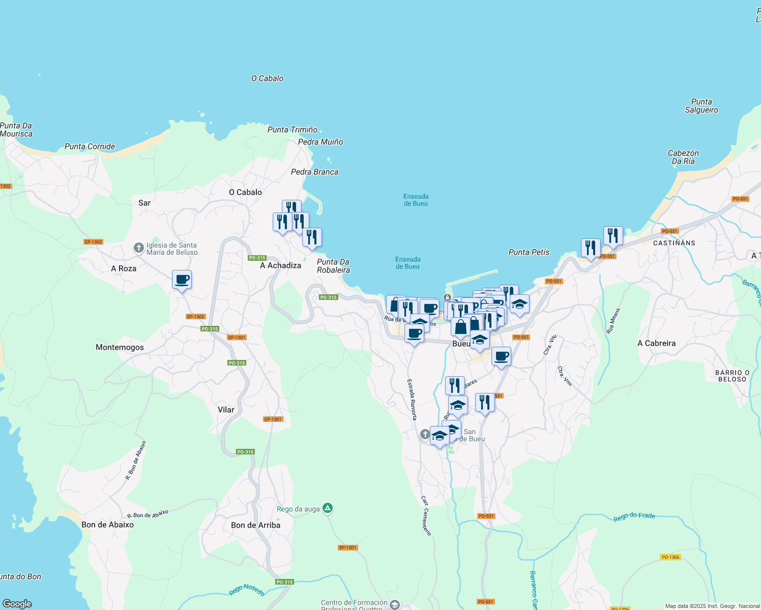 map of restaurants, bars, coffee shops, grocery stores, and more near 231 Avenida Montero Ríos in Bueu