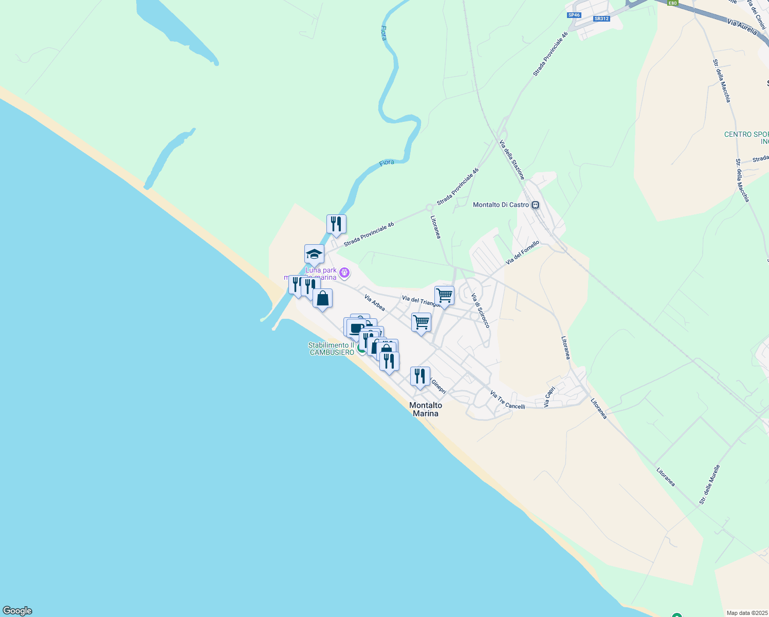map of restaurants, bars, coffee shops, grocery stores, and more near 60 Via Arbea in Montalto Marina
