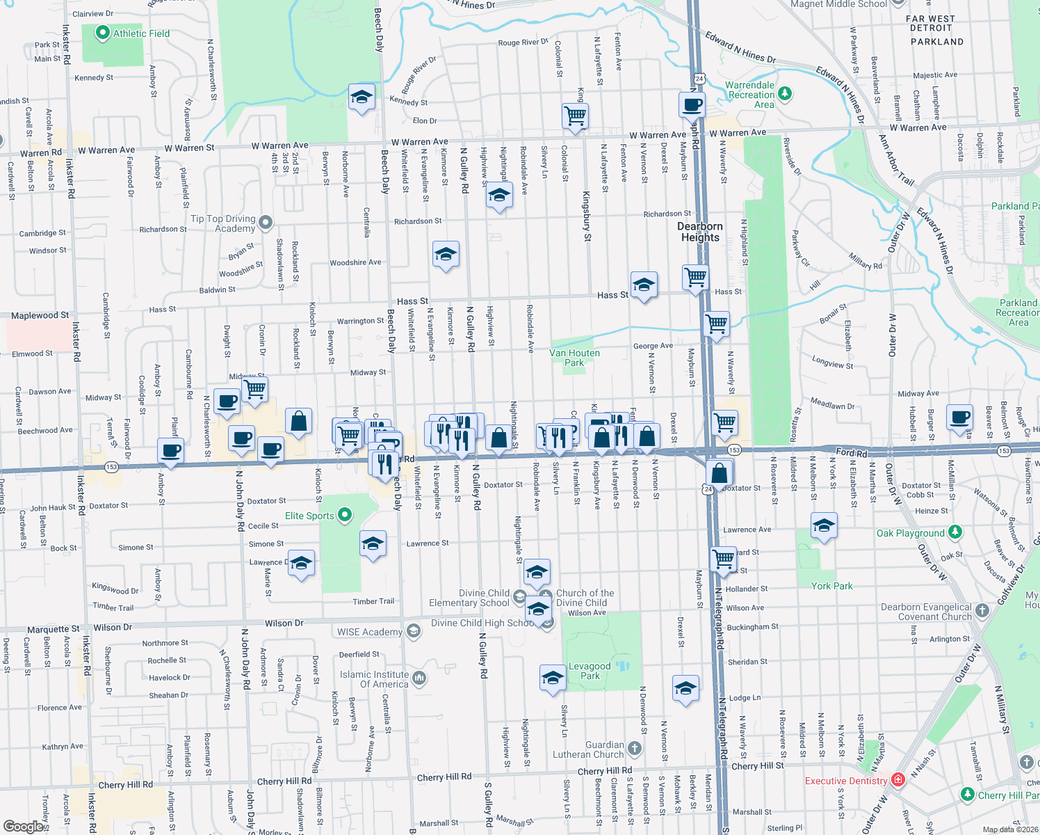 map of restaurants, bars, coffee shops, grocery stores, and more near 5720 Nightingale Street in Dearborn Heights