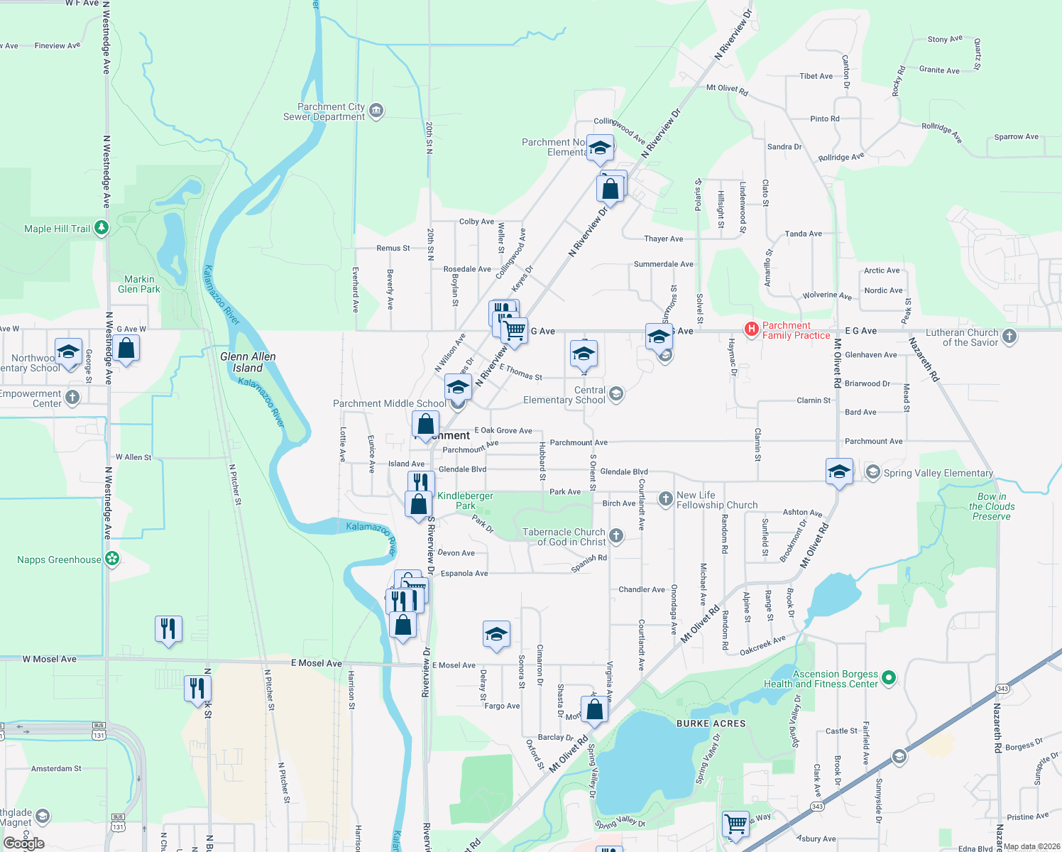 map of restaurants, bars, coffee shops, grocery stores, and more near 345 East Oak Grove Avenue in Parchment
