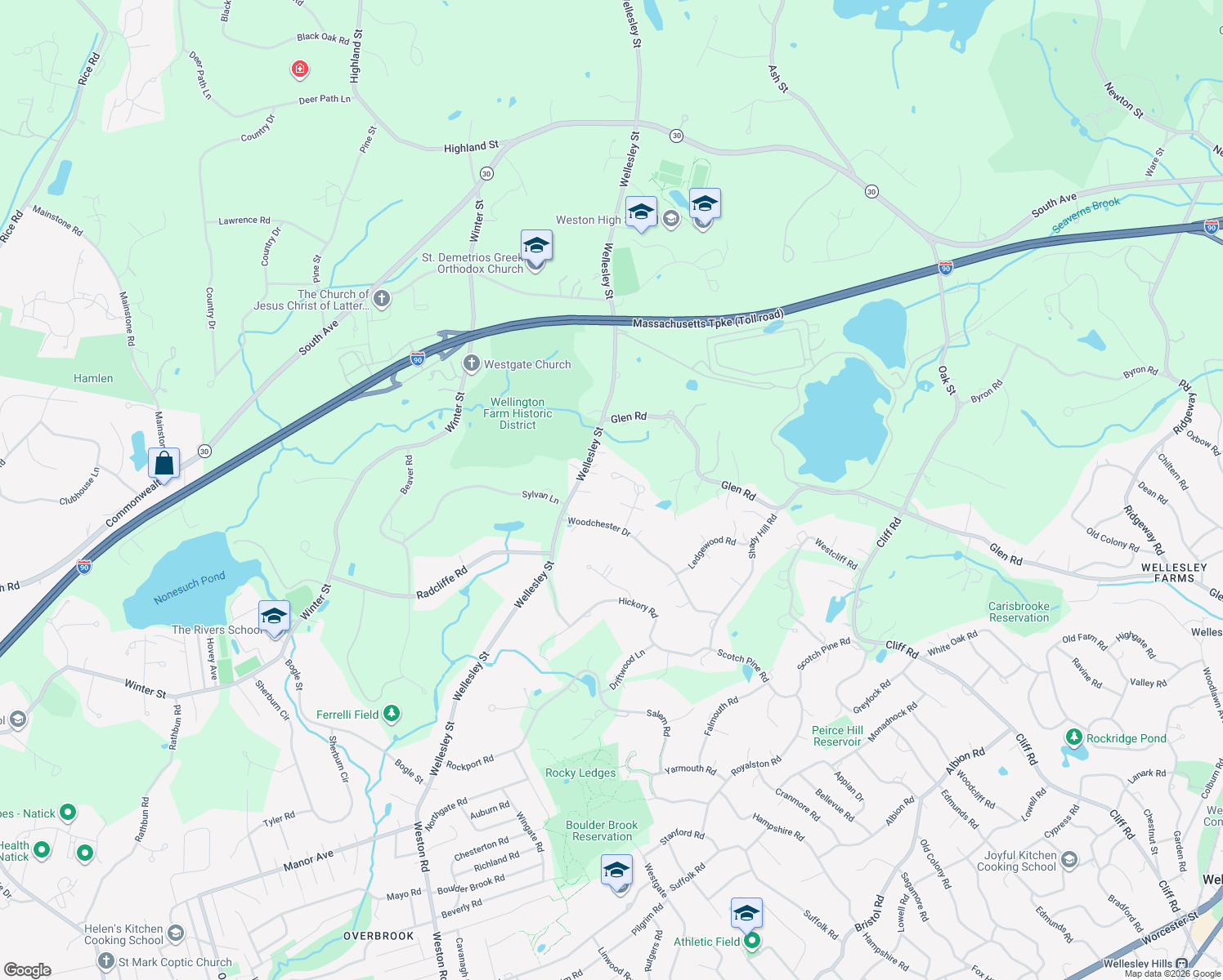 map of restaurants, bars, coffee shops, grocery stores, and more near 36 Pond Brook Circle in Weston