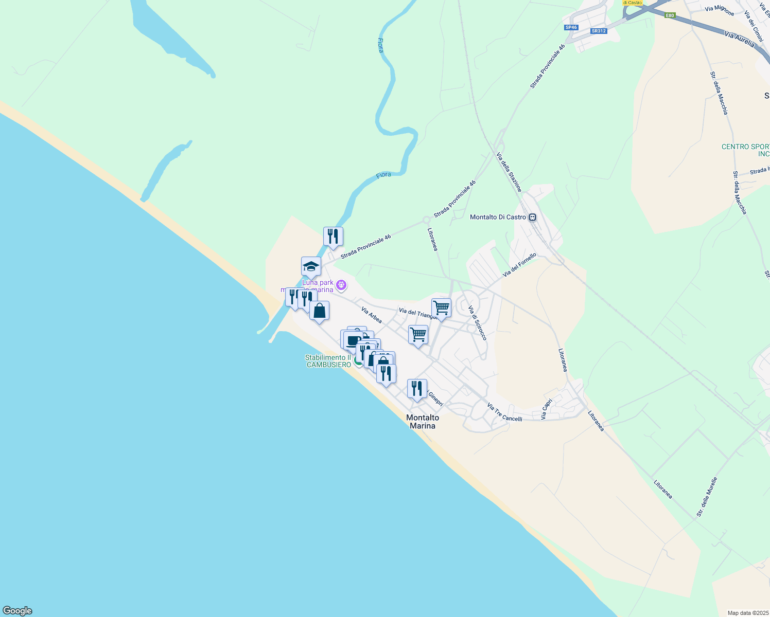 map of restaurants, bars, coffee shops, grocery stores, and more near 60 Via Arbea in Montalto Marina