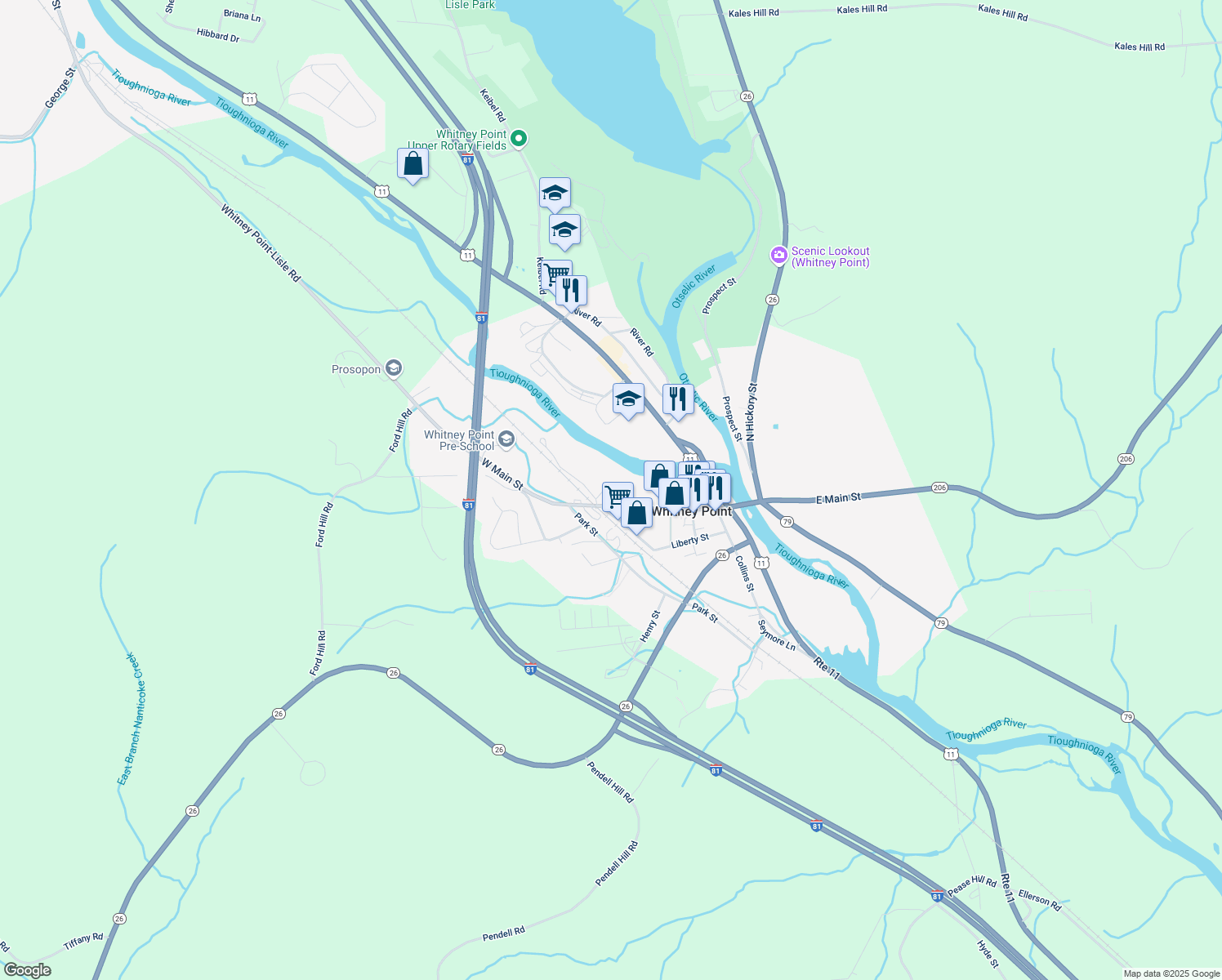 map of restaurants, bars, coffee shops, grocery stores, and more near 2594 Main Street in Whitney Point