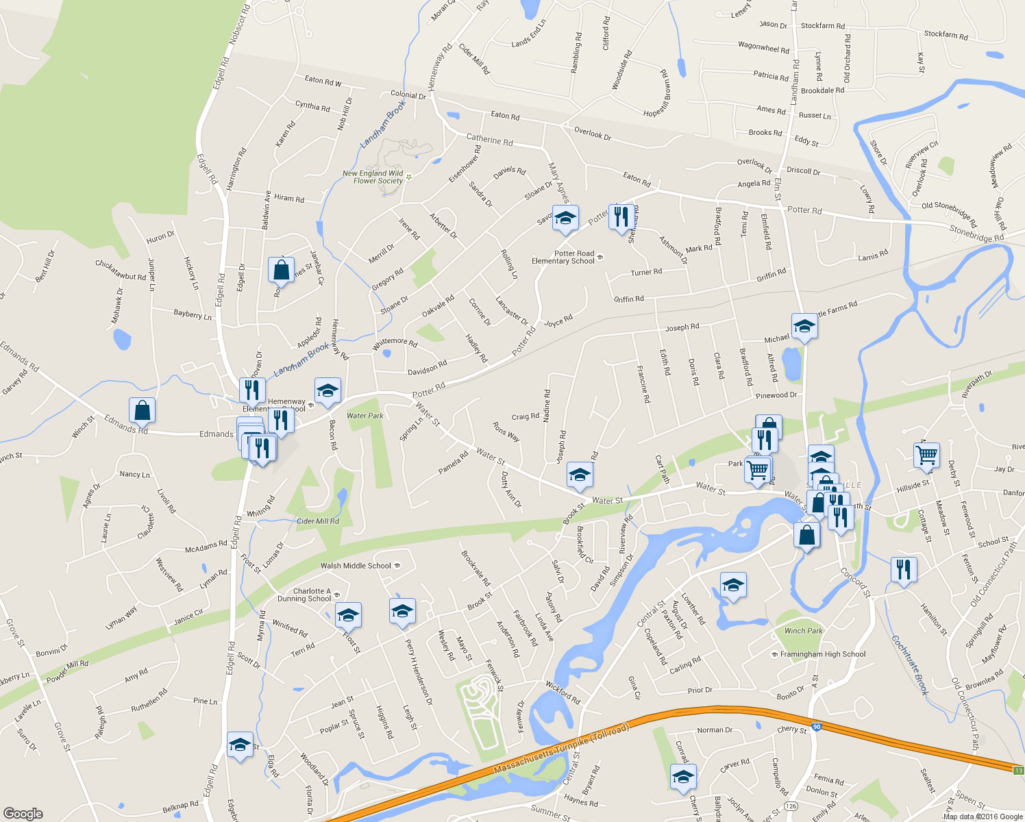 map of restaurants, bars, coffee shops, grocery stores, and more near 13 Craig Road in Framingham