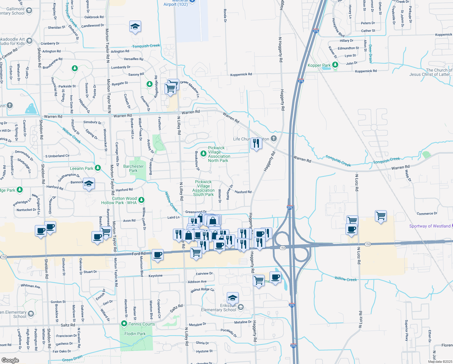 map of restaurants, bars, coffee shops, grocery stores, and more near 41744 Hanford Rd in Canton