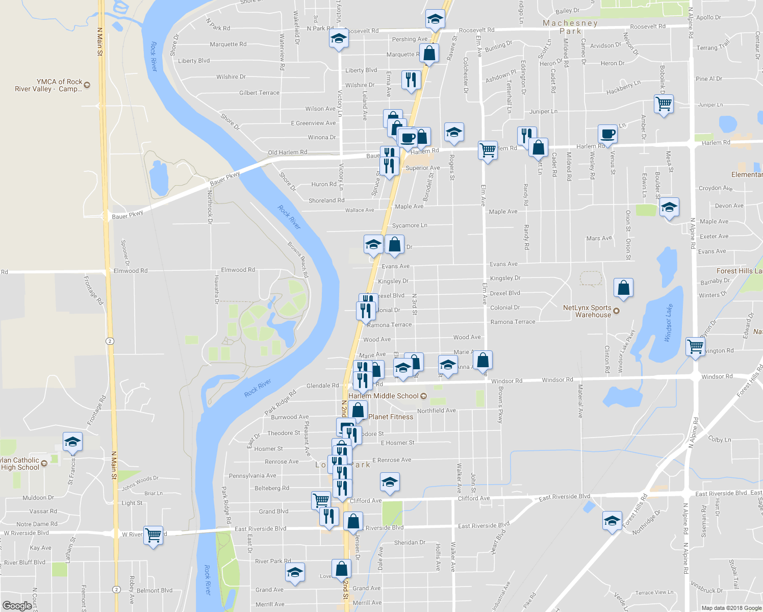 map of restaurants, bars, coffee shops, grocery stores, and more near 620 Colonial Drive in Machesney Park