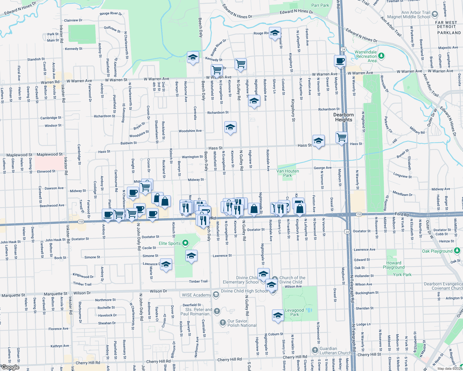 map of restaurants, bars, coffee shops, grocery stores, and more near 5947 Kinmore St in Dearborn Heights