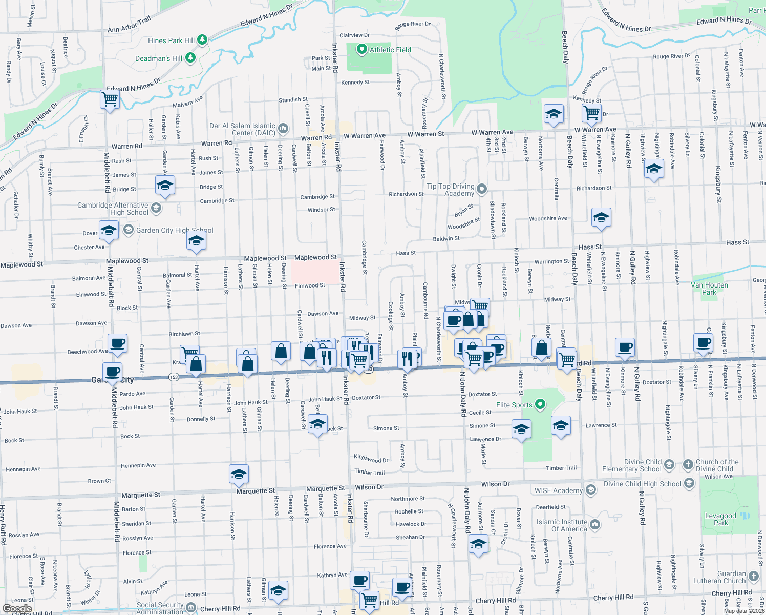 map of restaurants, bars, coffee shops, grocery stores, and more near 6046 Fairwood Drive in Dearborn Heights