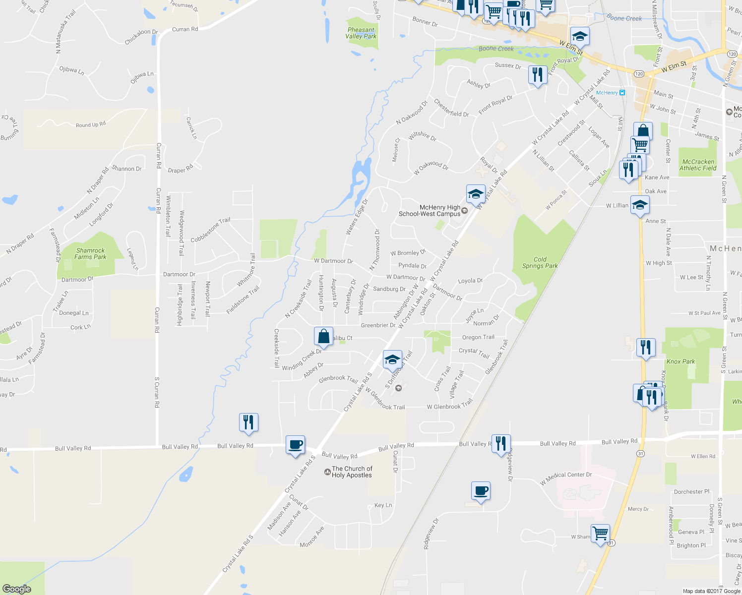 map of restaurants, bars, coffee shops, grocery stores, and more near 5110 Ashland Drive in McHenry