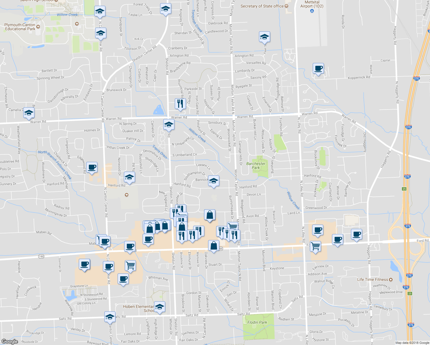 map of restaurants, bars, coffee shops, grocery stores, and more near 43754 Leeann Lane in Canton