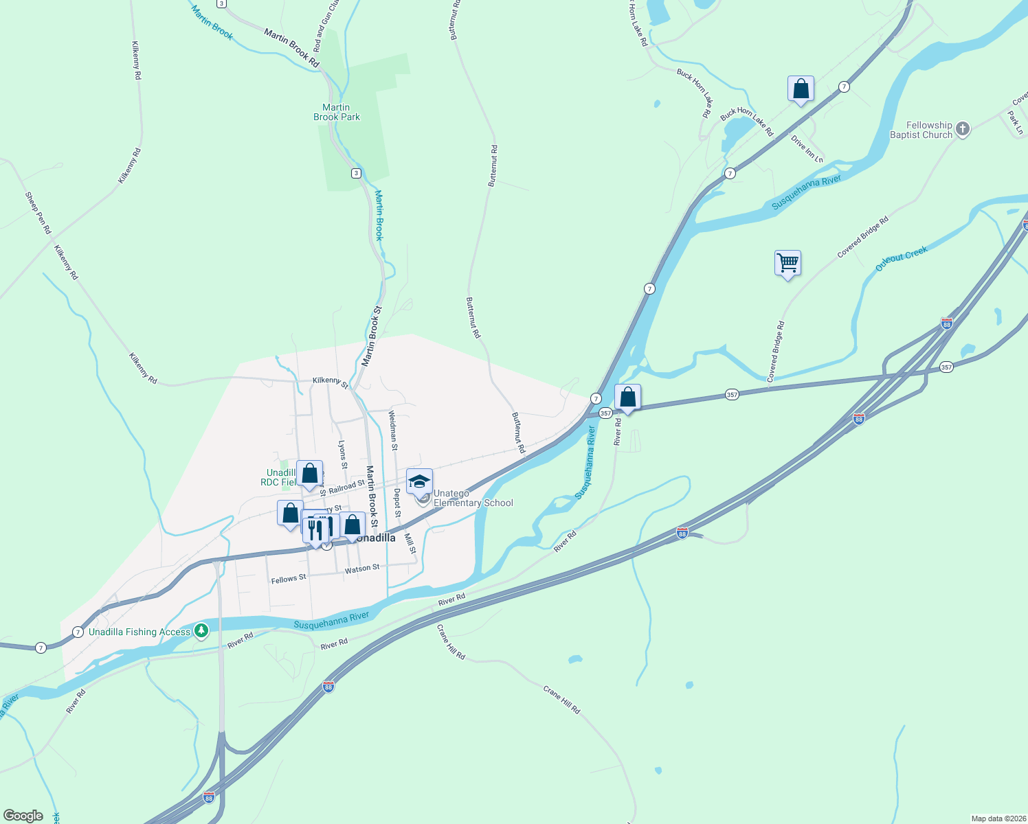 map of restaurants, bars, coffee shops, grocery stores, and more near 11 Butternut Road in Unadilla