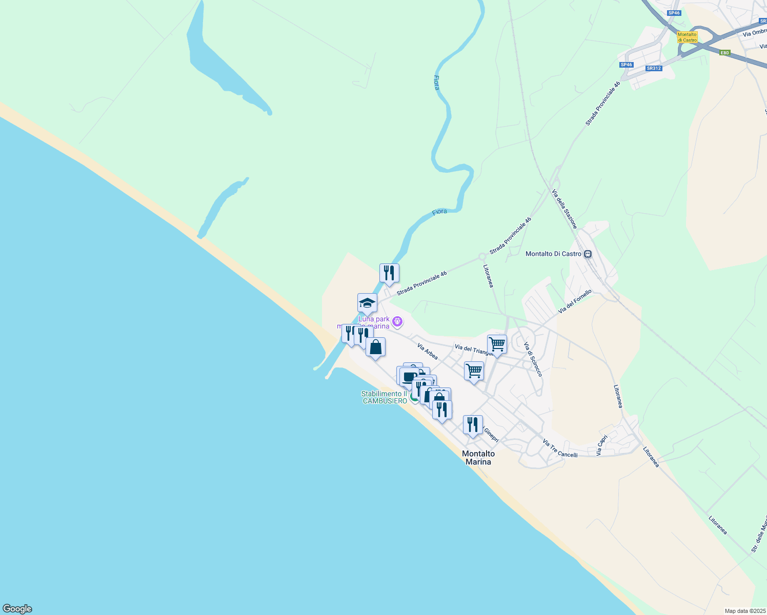 map of restaurants, bars, coffee shops, grocery stores, and more near 3 Via Umbria in Montalto Marina