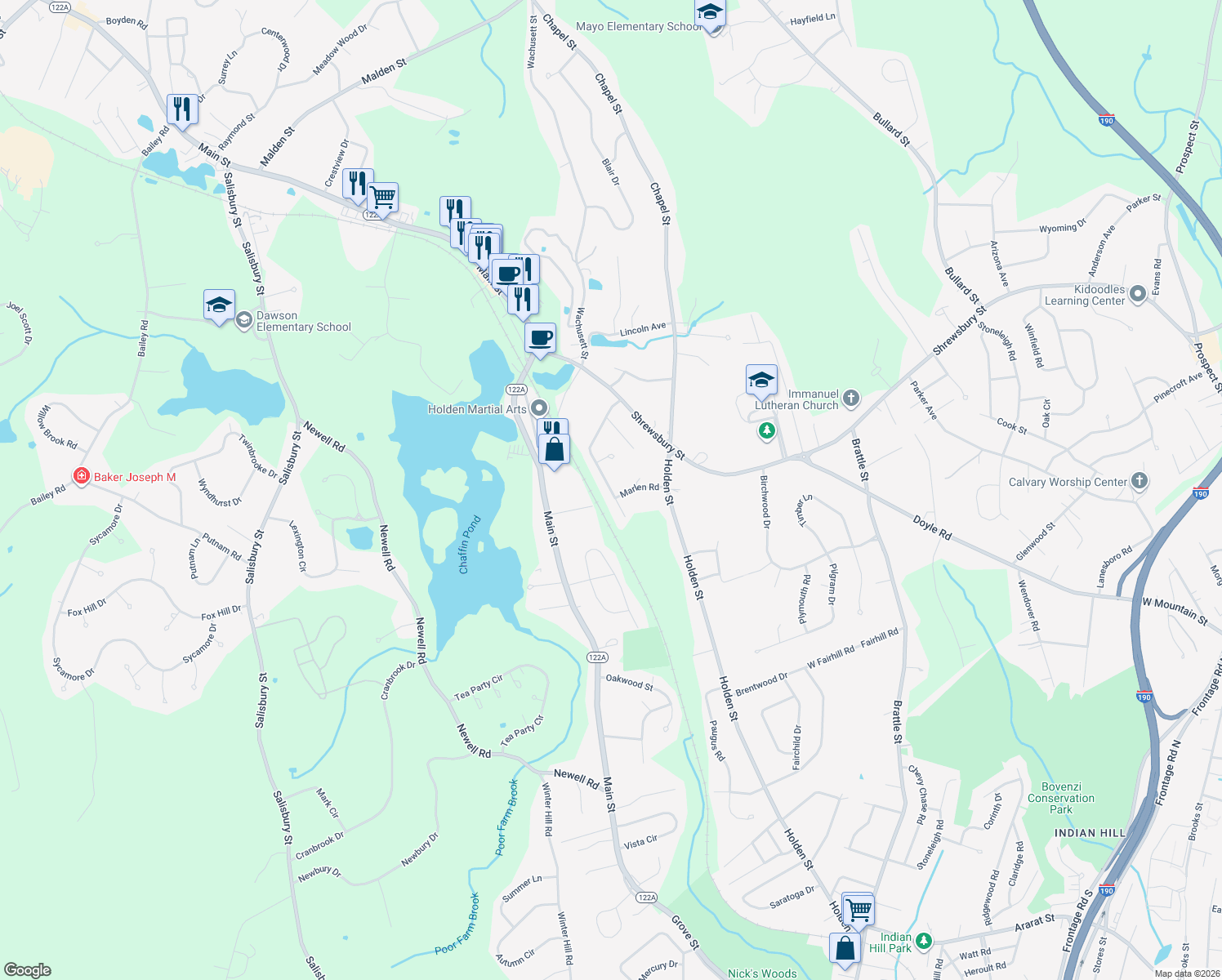 map of restaurants, bars, coffee shops, grocery stores, and more near 93 Homestead Rd in Holden
