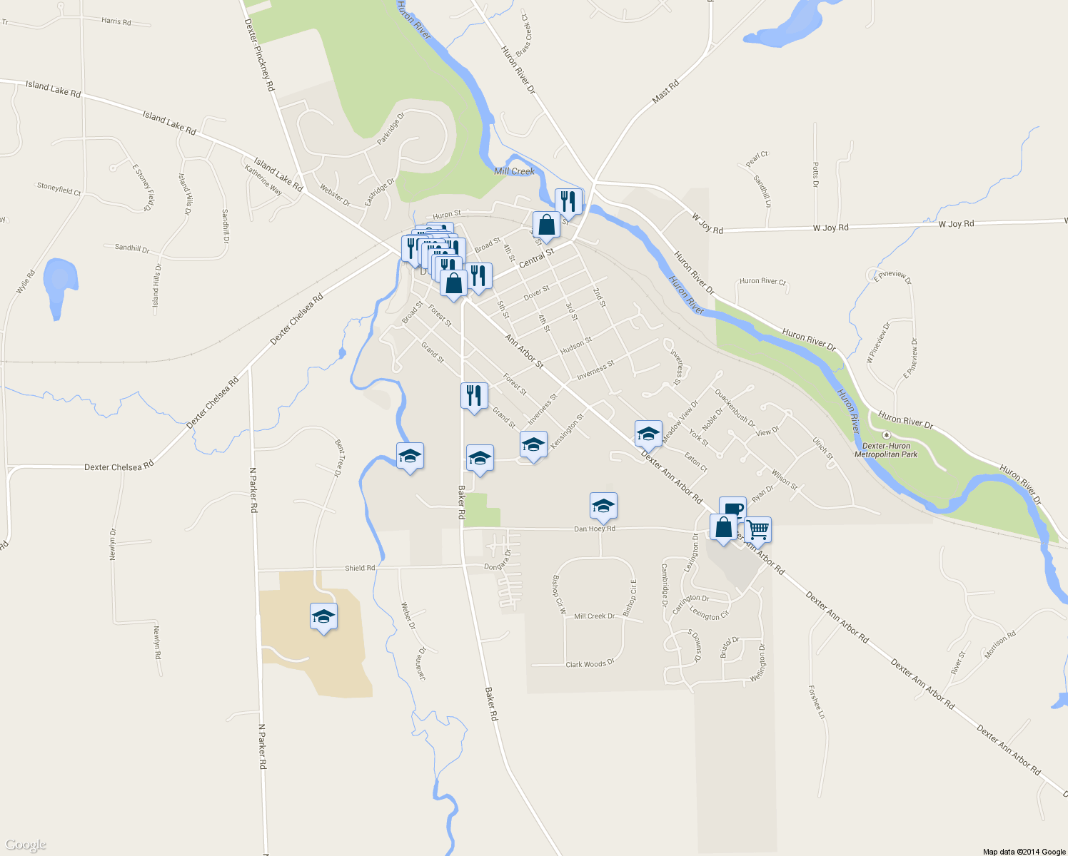 map of restaurants, bars, coffee shops, grocery stores, and more near 3030 Inverness Street in Dexter