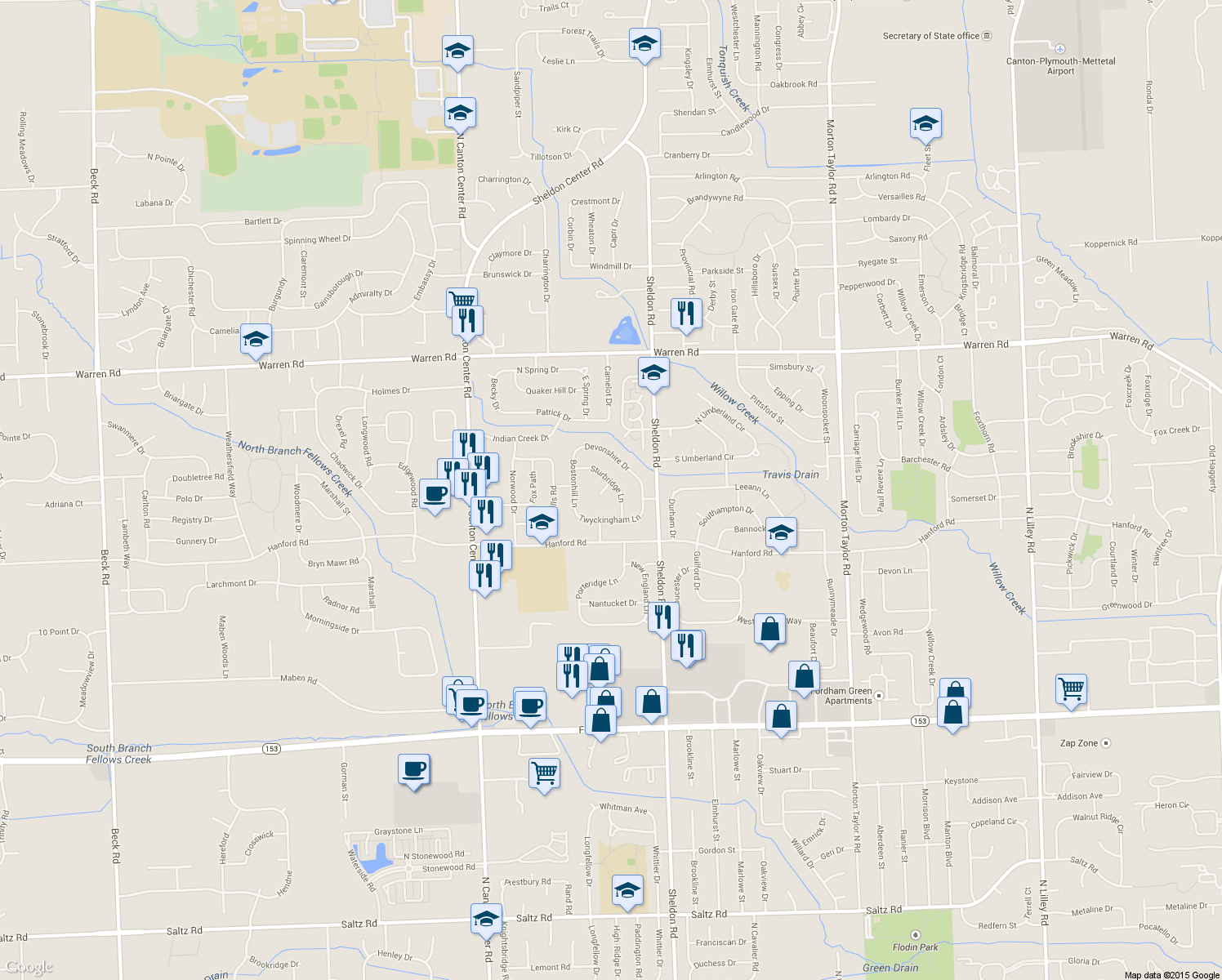 map of restaurants, bars, coffee shops, grocery stores, and more near 6607 Sturbridge Lane in Canton