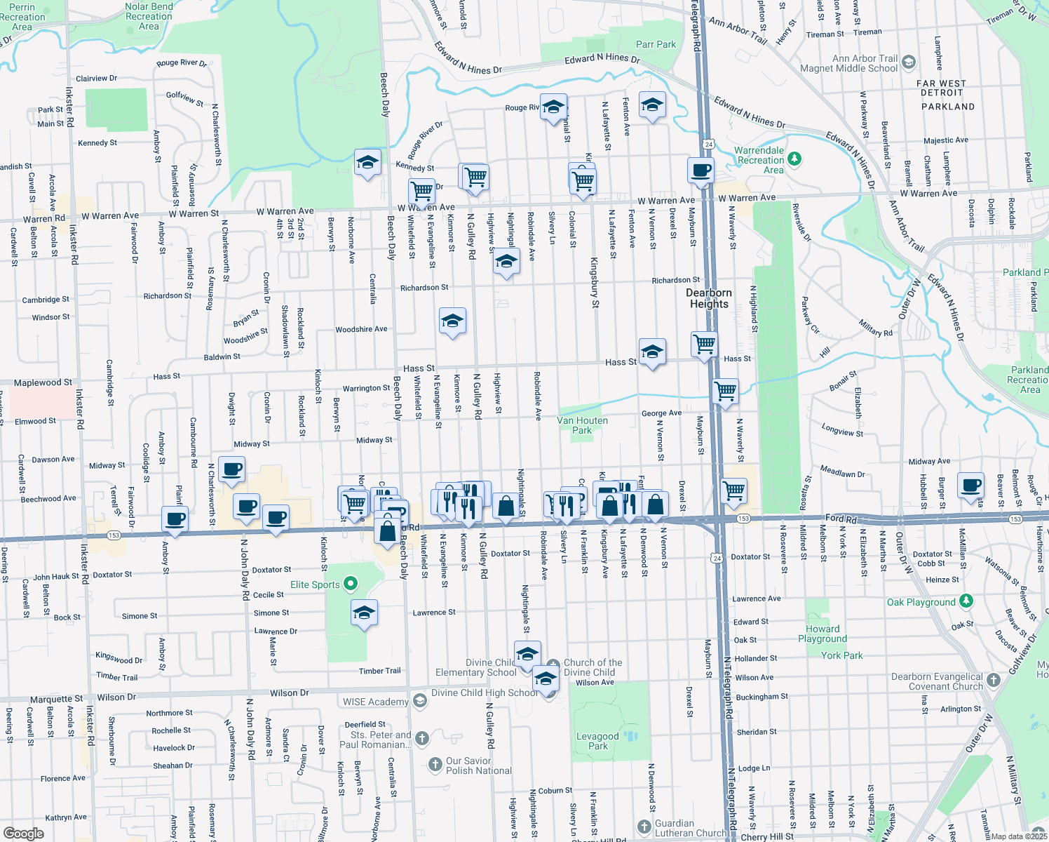 map of restaurants, bars, coffee shops, grocery stores, and more near 6090 Nightingale St in Dearborn Heights