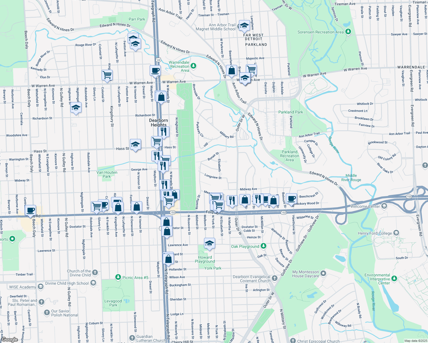 map of restaurants, bars, coffee shops, grocery stores, and more near 23333 Suncrest St in Dearborn Heights