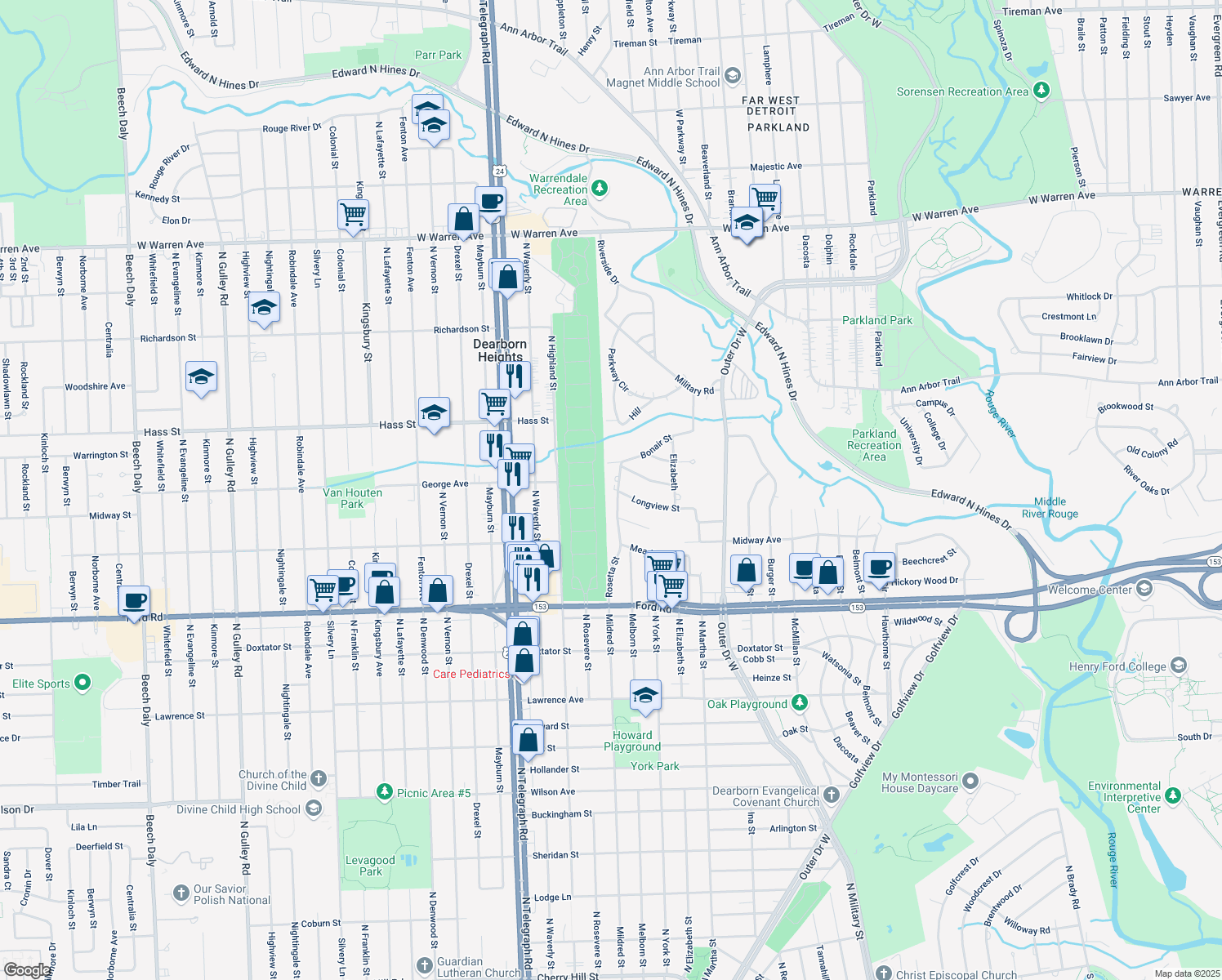 map of restaurants, bars, coffee shops, grocery stores, and more near 6001 Rosetta Street in Dearborn Heights