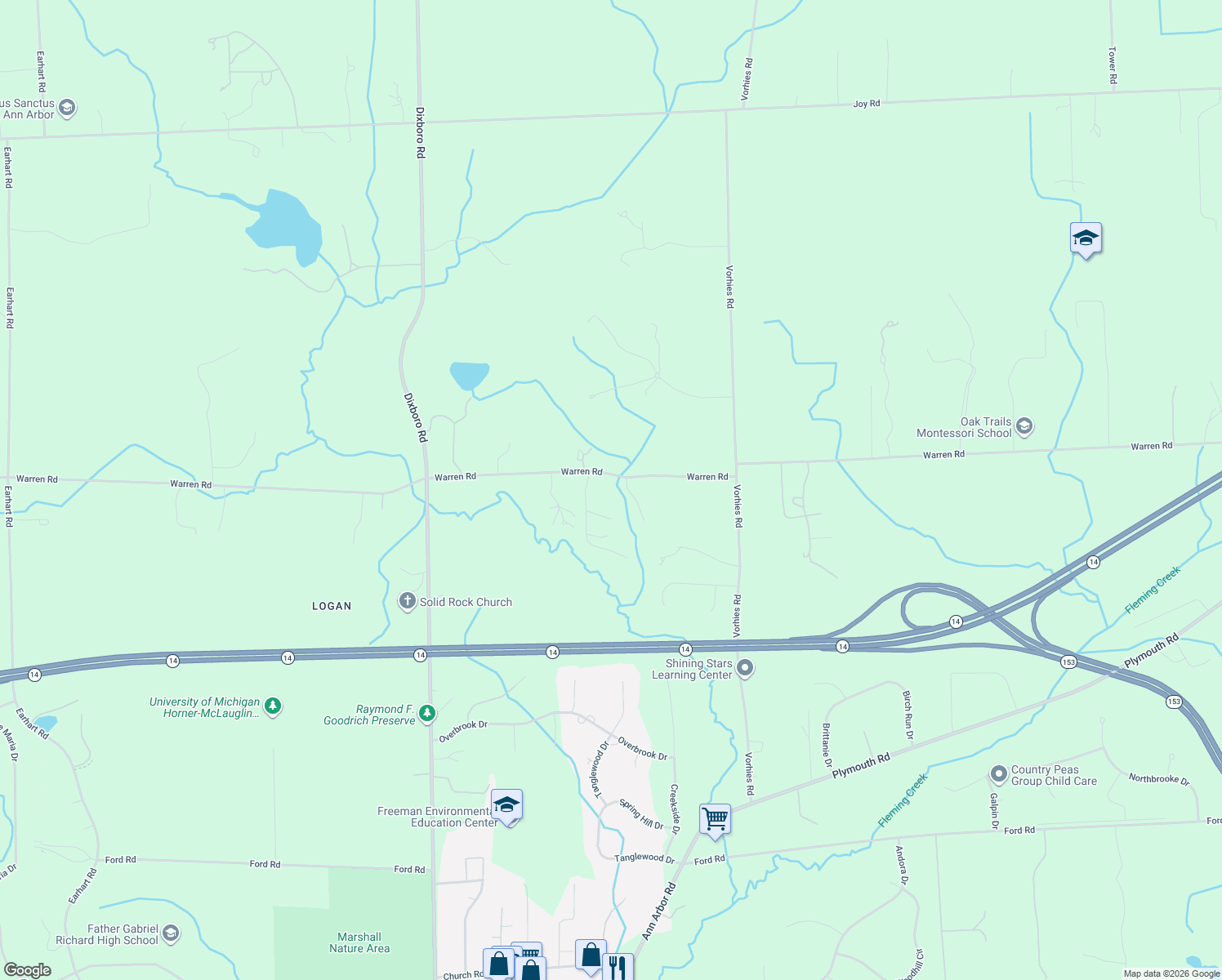 map of restaurants, bars, coffee shops, grocery stores, and more near 5530 Warren Road in Ann Arbor