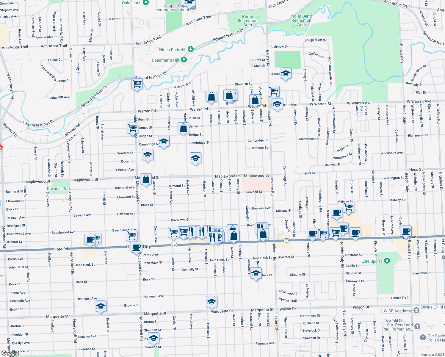 map of restaurants, bars, coffee shops, grocery stores, and more near 28183 Maplewood Street in Garden City