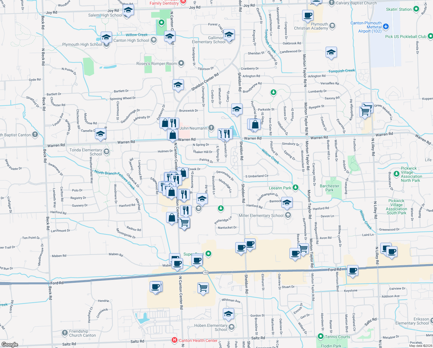 map of restaurants, bars, coffee shops, grocery stores, and more near 6871 Devonshire Drive in Canton