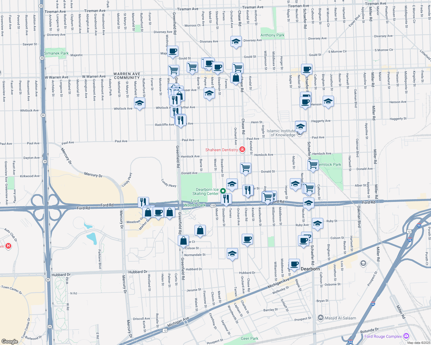 map of restaurants, bars, coffee shops, grocery stores, and more near 6000 Mead Street in Dearborn