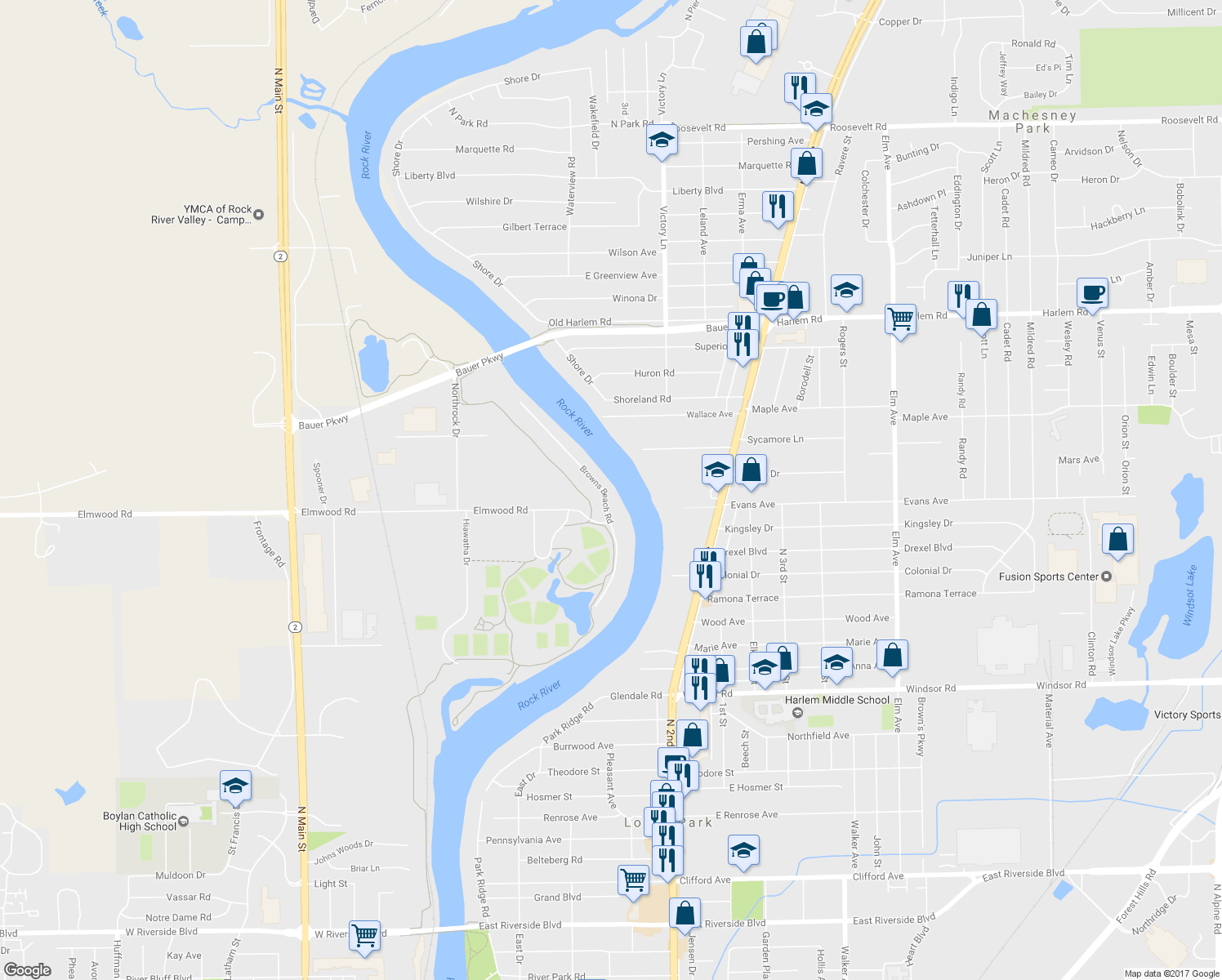 map of restaurants, bars, coffee shops, grocery stores, and more near 5055 Browns Beach Road in Rockford