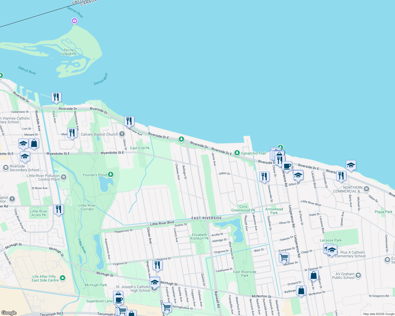map of restaurants, bars, coffee shops, grocery stores, and more near 562 Banwell Road in Windsor