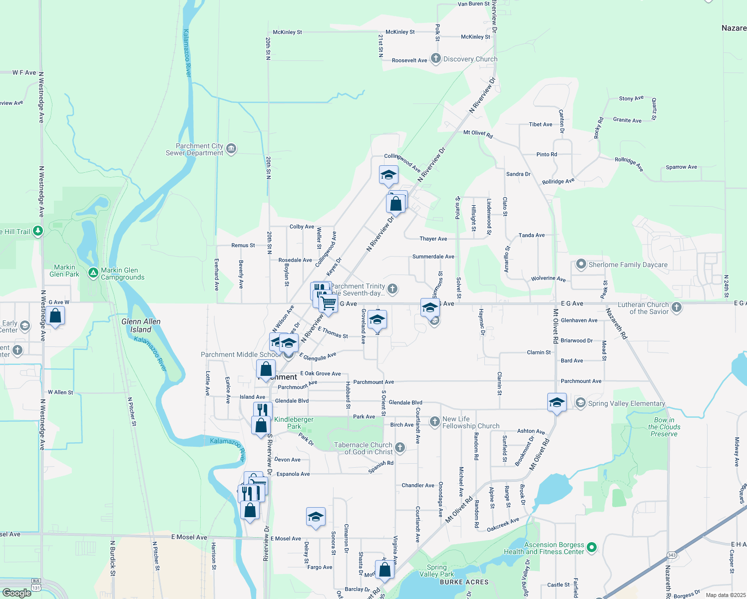map of restaurants, bars, coffee shops, grocery stores, and more near 1471 East G Avenue in Kalamazoo