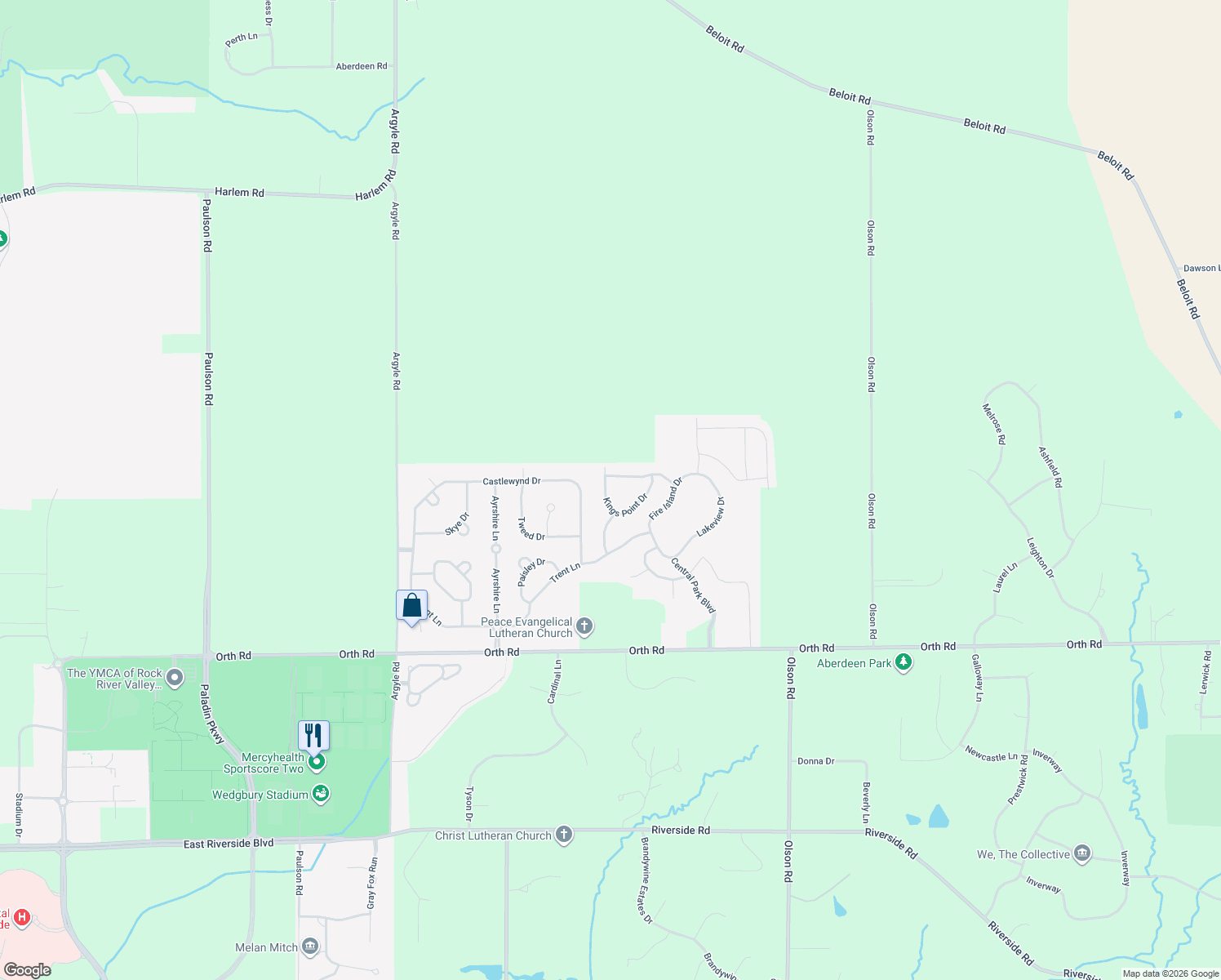 map of restaurants, bars, coffee shops, grocery stores, and more near 12423 Kings Point Drive in Loves Park