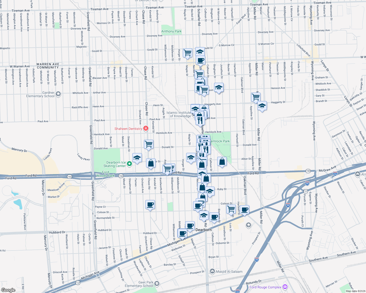 map of restaurants, bars, coffee shops, grocery stores, and more near 6000 Horger Street in Dearborn
