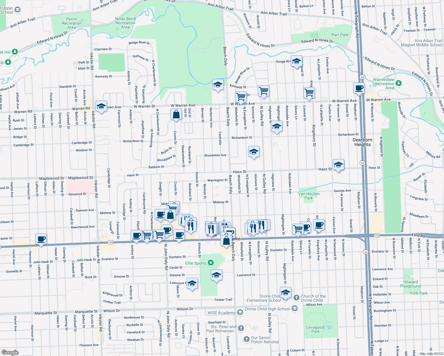 map of restaurants, bars, coffee shops, grocery stores, and more near 25860 Warrington Street in Dearborn Heights