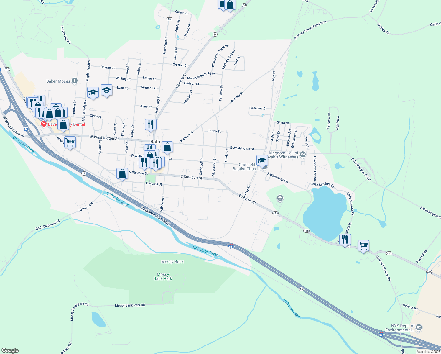map of restaurants, bars, coffee shops, grocery stores, and more near 223 East Steuben Street in Bath
