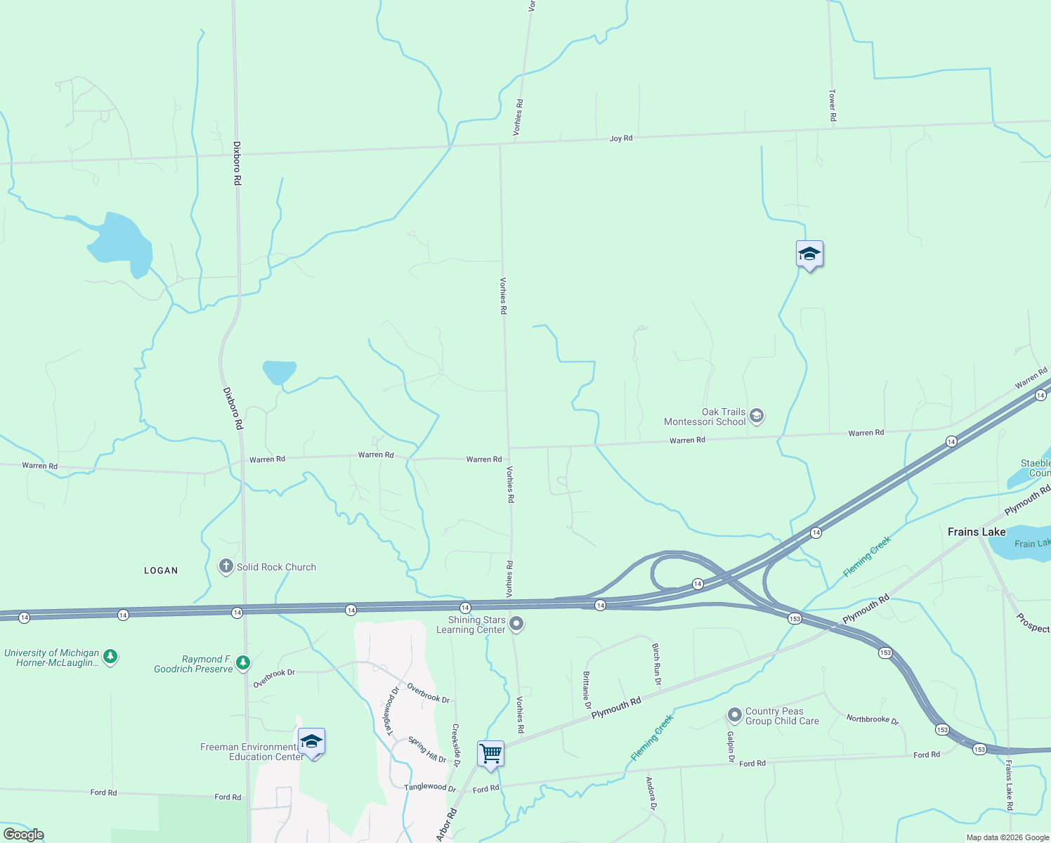 map of restaurants, bars, coffee shops, grocery stores, and more near 6035 Warren Road in Ann Arbor