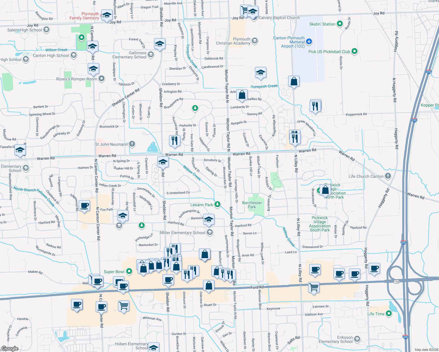 map of restaurants, bars, coffee shops, grocery stores, and more near 6930 Epping Dr in Canton