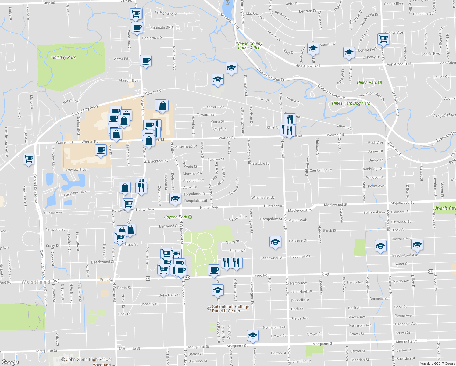 map of restaurants, bars, coffee shops, grocery stores, and more near 6771 Bison Street in Westland