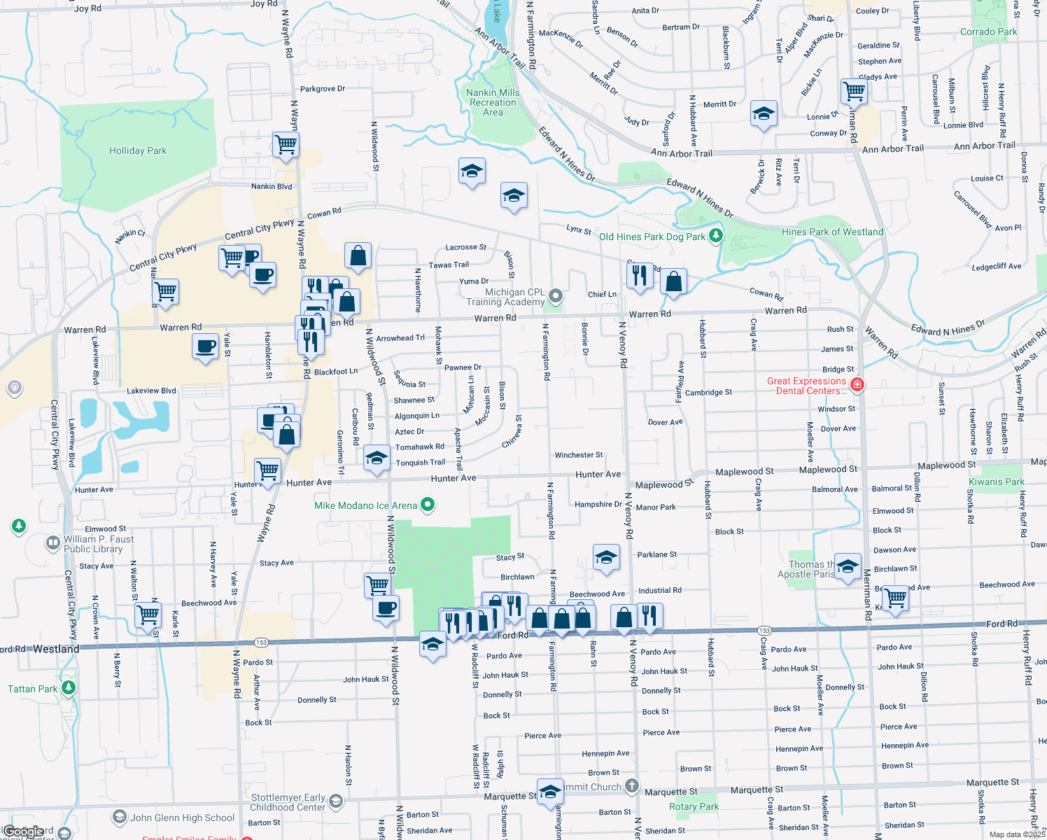 map of restaurants, bars, coffee shops, grocery stores, and more near 6770 Chirrewa Street in Westland