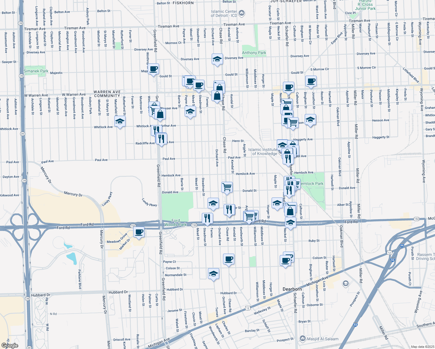 map of restaurants, bars, coffee shops, grocery stores, and more near Orchard Avenue in Dearborn