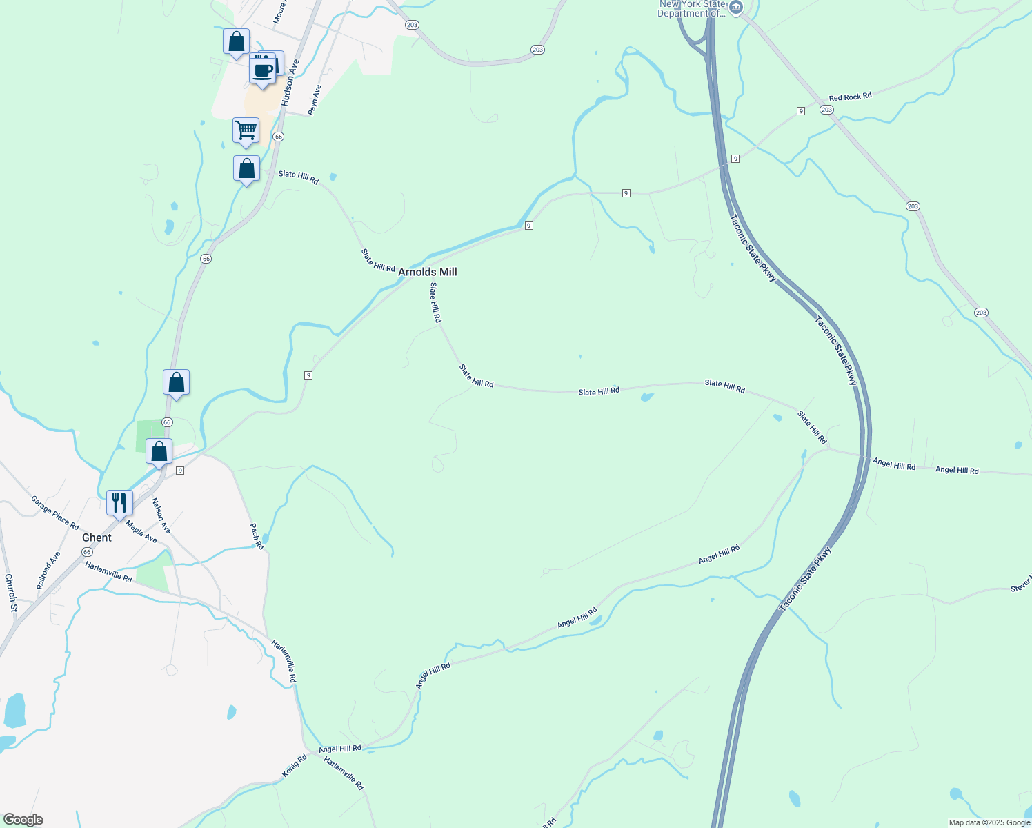 map of restaurants, bars, coffee shops, grocery stores, and more near 253 Slate Hill Road in Chatham