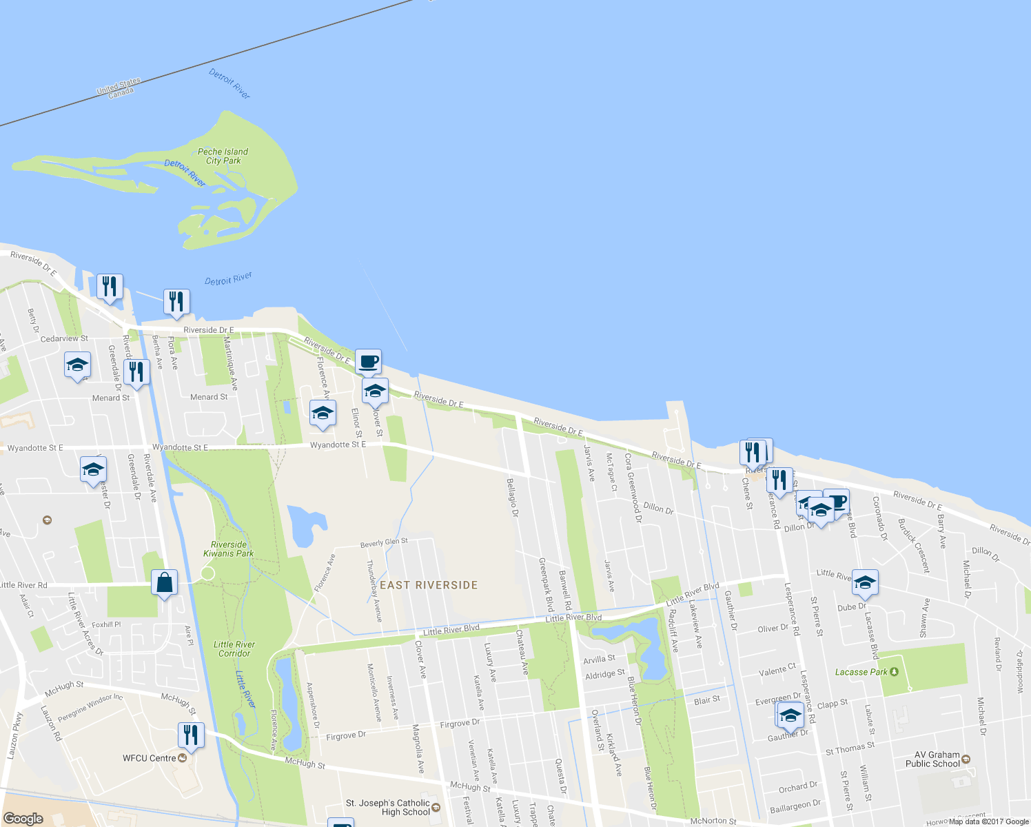 map of restaurants, bars, coffee shops, grocery stores, and more near 11166 Riverside Drive East in Windsor