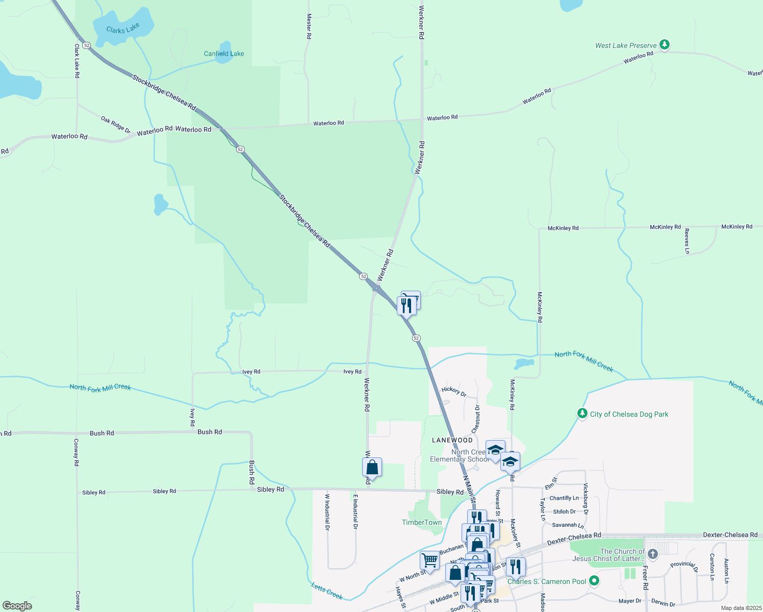 map of restaurants, bars, coffee shops, grocery stores, and more near 6751 Werkner Road in Chelsea