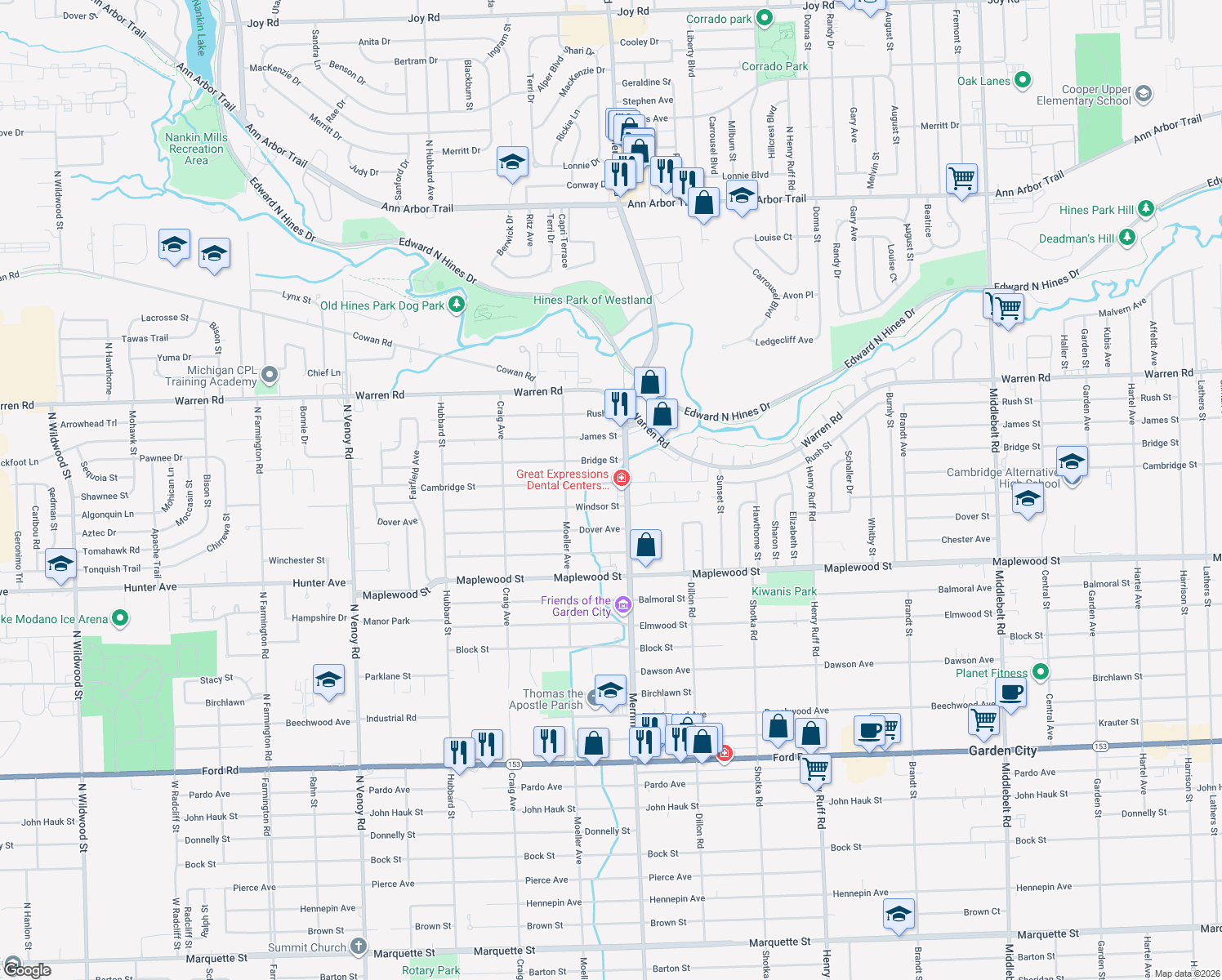 map of restaurants, bars, coffee shops, grocery stores, and more near 31451 Cambridge Street in Garden City