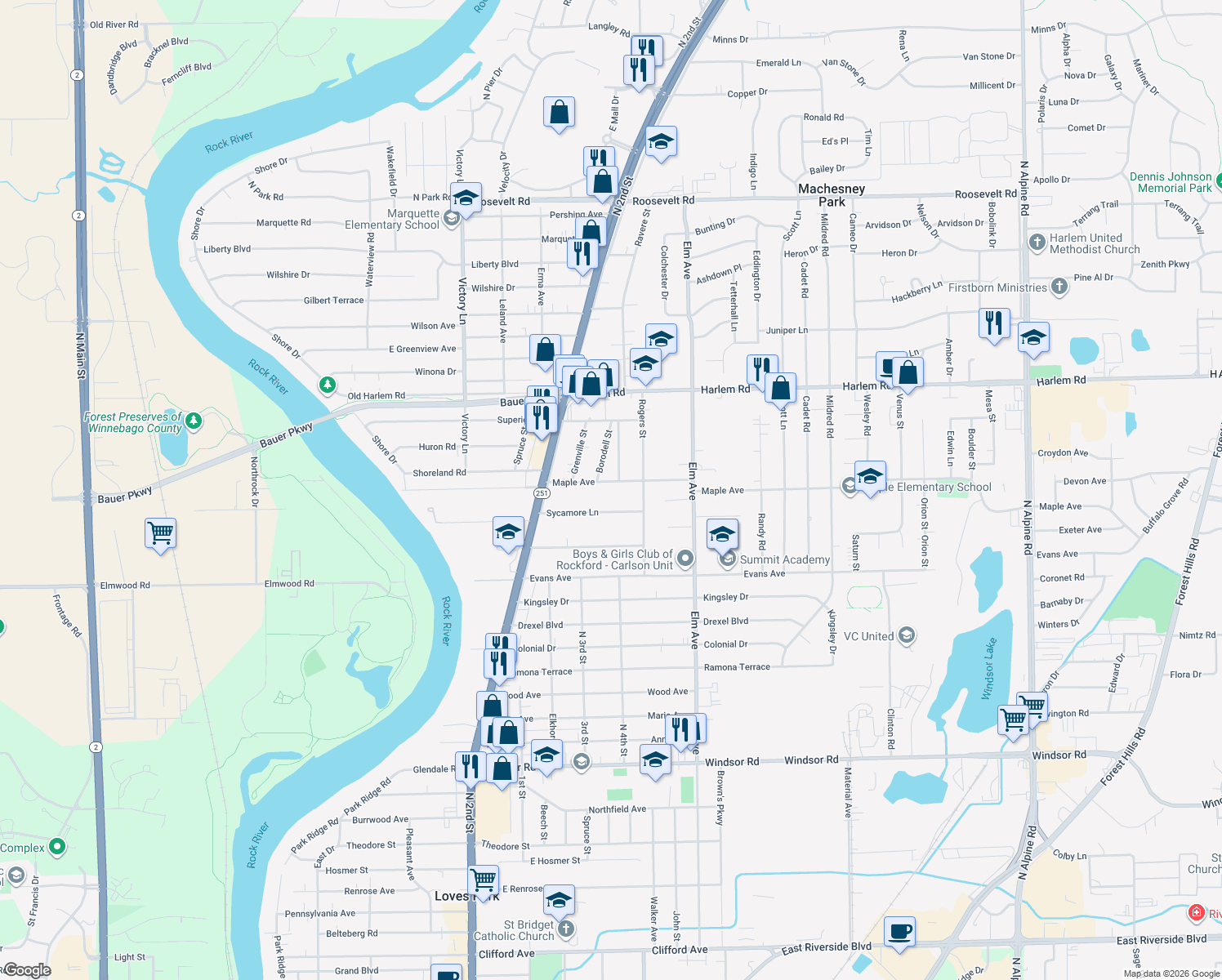 map of restaurants, bars, coffee shops, grocery stores, and more near 801 Maple Avenue in Machesney Park