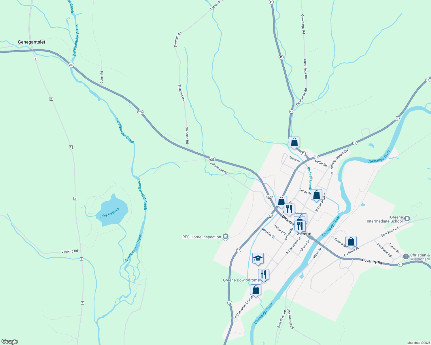 map of restaurants, bars, coffee shops, grocery stores, and more near 134 Juliand Hill Rd in Greene