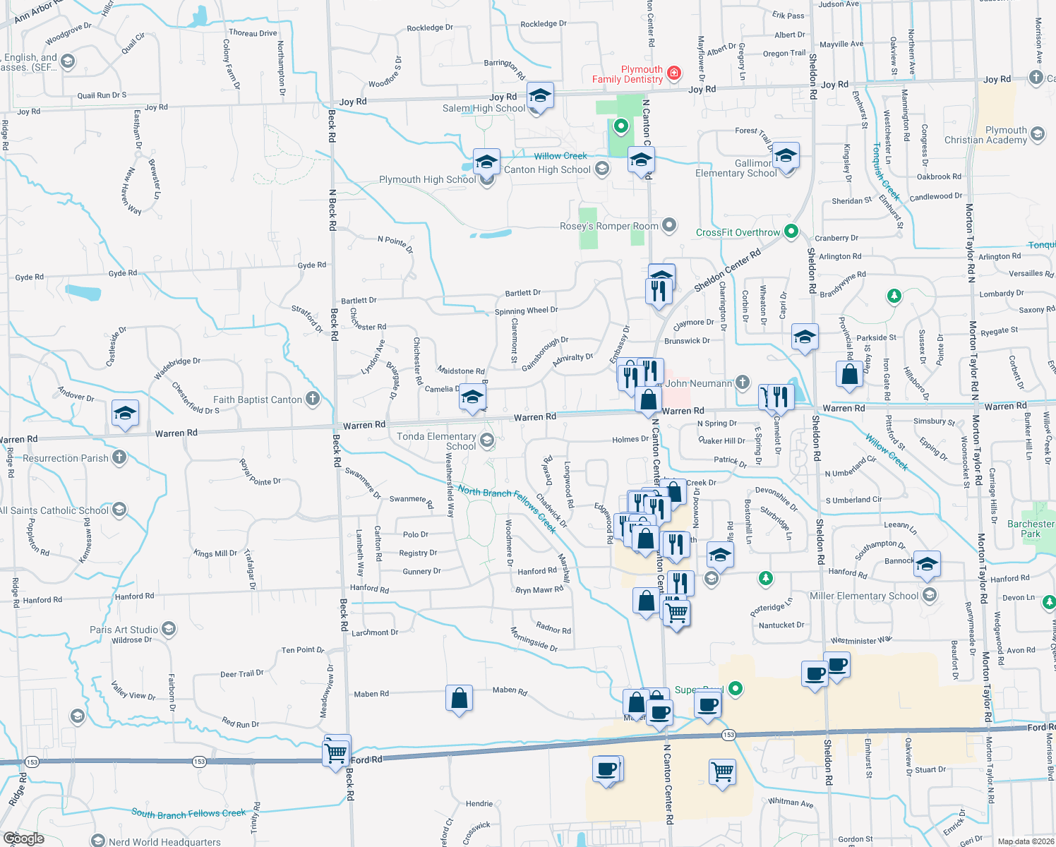 map of restaurants, bars, coffee shops, grocery stores, and more near 7184 Chadwick Ct in Canton