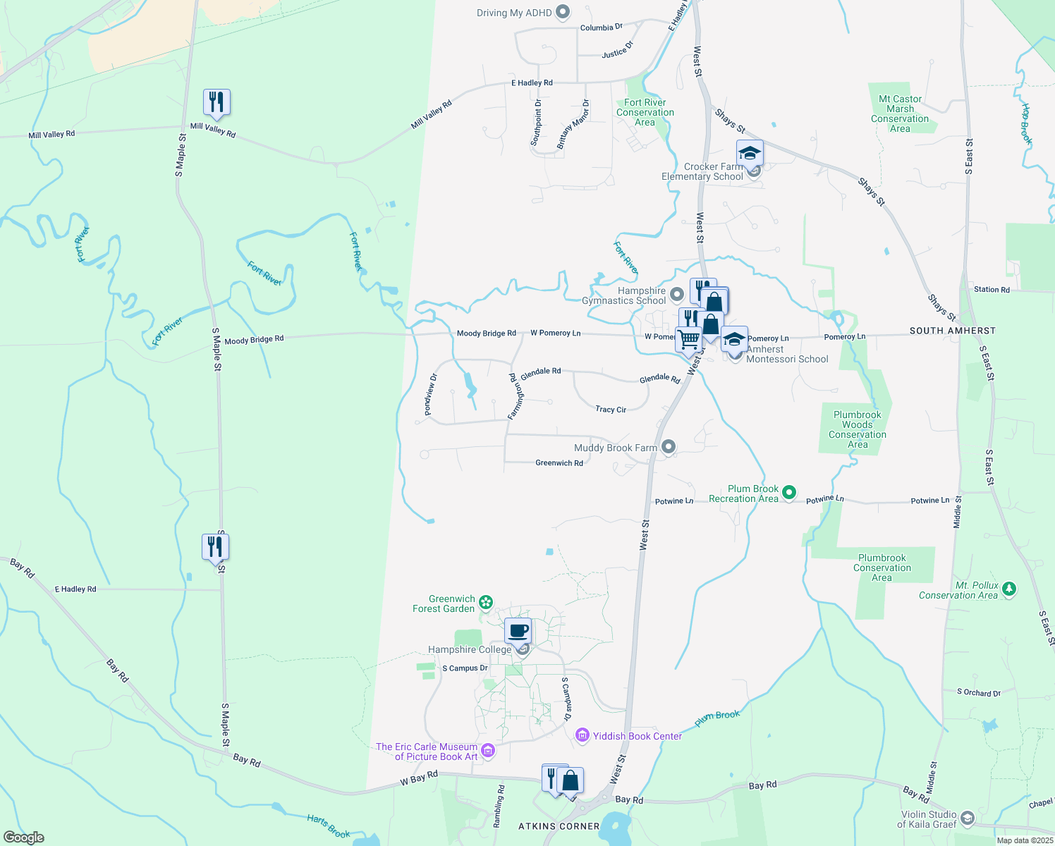 map of restaurants, bars, coffee shops, grocery stores, and more near 85 Longmeadow Dr in Amherst