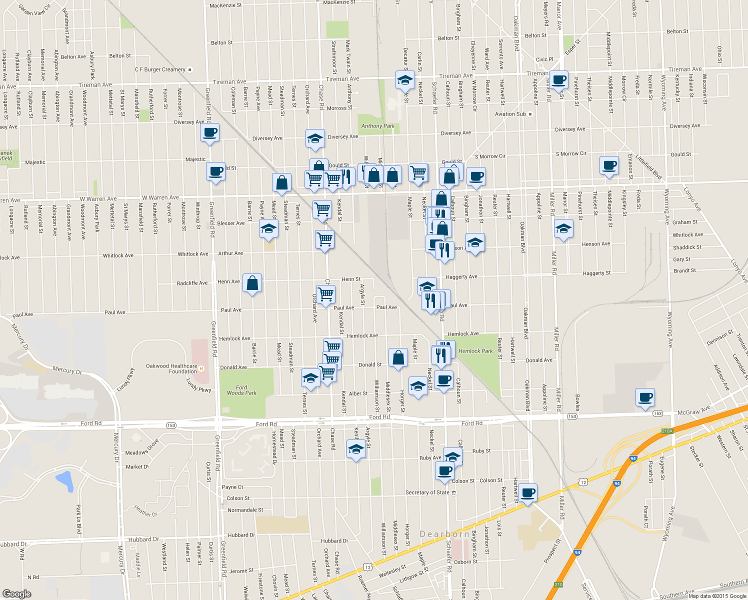 map of restaurants, bars, coffee shops, grocery stores, and more near 10 Williamson Ct in Dearborn