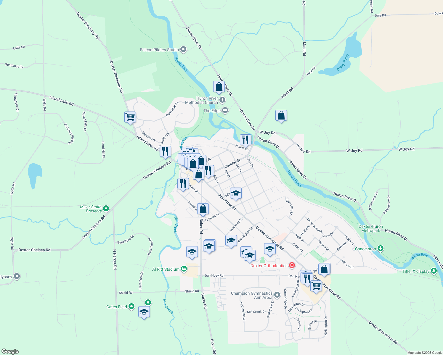 map of restaurants, bars, coffee shops, grocery stores, and more near 7936 5th St in Dexter