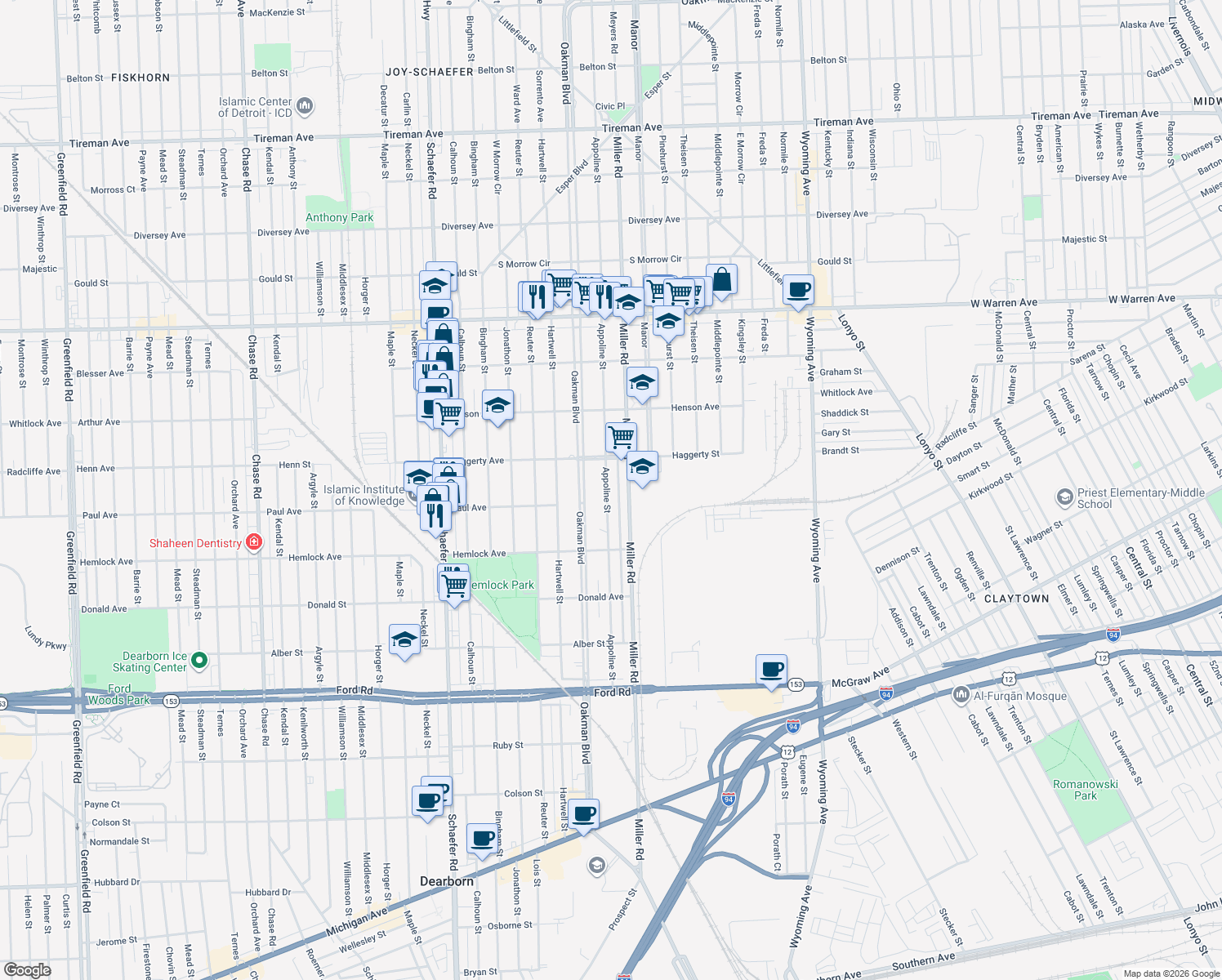 map of restaurants, bars, coffee shops, grocery stores, and more near 6416 Appoline Street in Dearborn