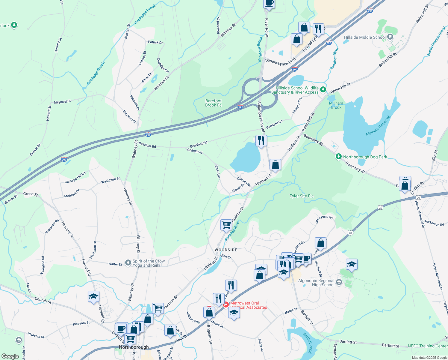 map of restaurants, bars, coffee shops, grocery stores, and more near 262 Rice Avenue in Northborough